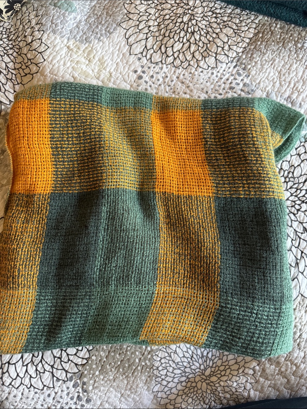 Green and Mustard Checkered Knit Infinity Scarf